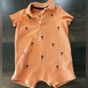 Little Me Orange Short Sleeve Ribbed One-Piece with Navy Palm Embroidery